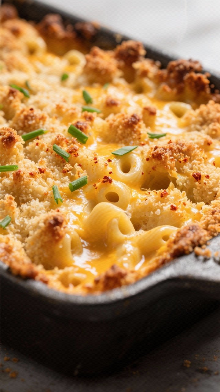 Close-up detail: A bubbling baked mac and cheese just pulled from the oven, extreme close-up of the