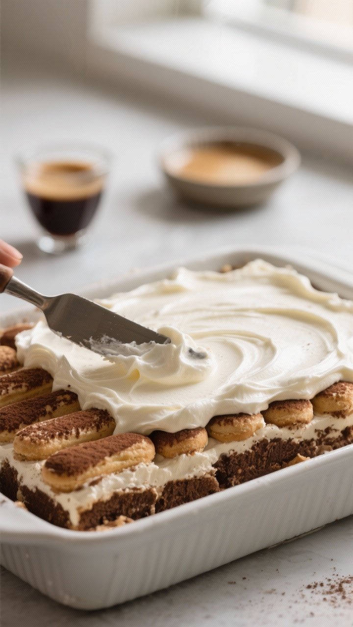Close-up detail shot of the tiramisu’s mascarpone layer being smoothed over the first coffee-dippe