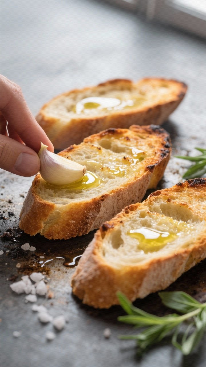 Close-up detail: Toasted baguette slices just off the broiler, edges golden and blistered, brushed w