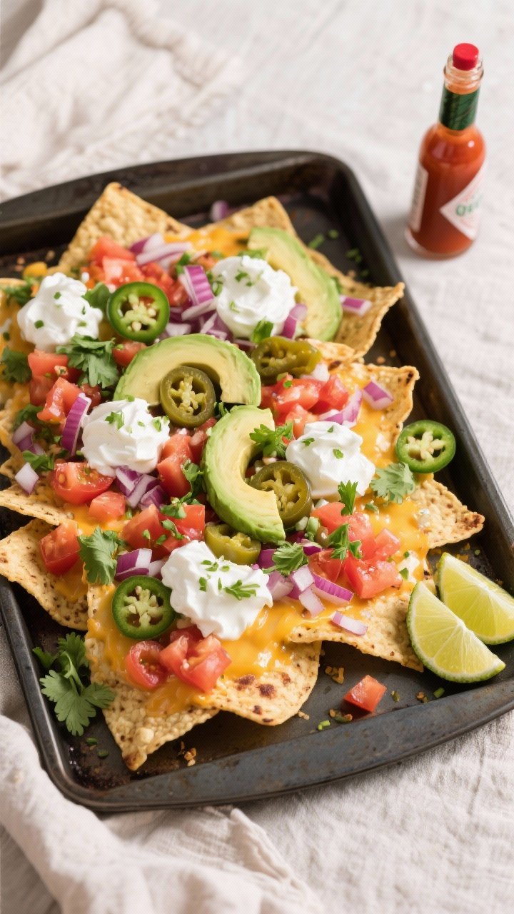 Final dish – fresh finishes and balanced toppings: Tasty top-down shot of fully finished nachos on