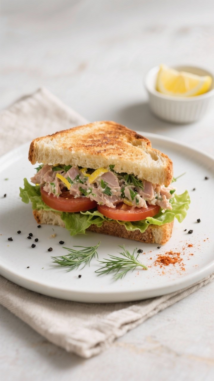 Final dish: Toasted sourdough sandwich stacked with the tuna salad, crisp lettuce leaves as a moistu