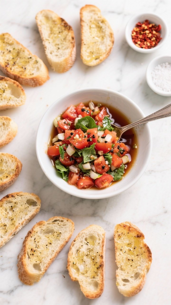 Tasty top view: Overhead shot of DIY bruschetta assembly for a party—crisp garlic-rubbed toasts ar