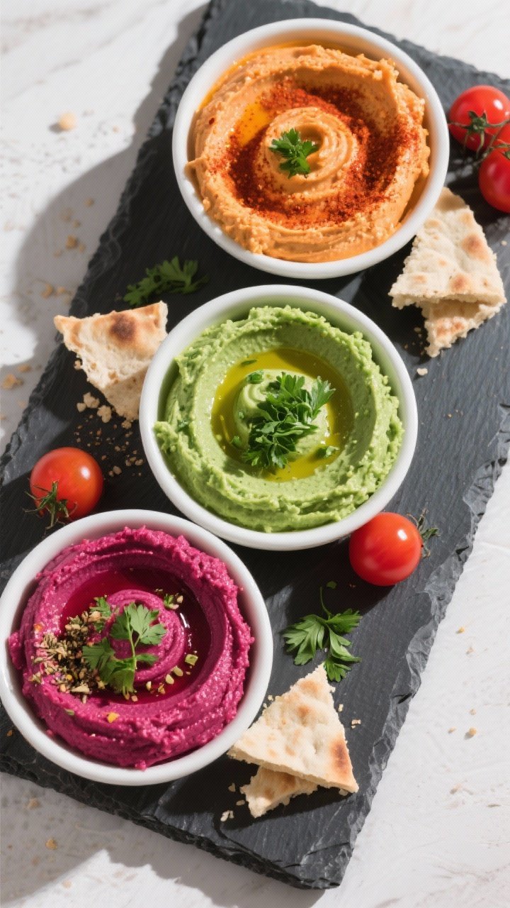 Tasty top view: Overhead shot of hummus three ways on a matte slate board—roasted red pepper hummu
